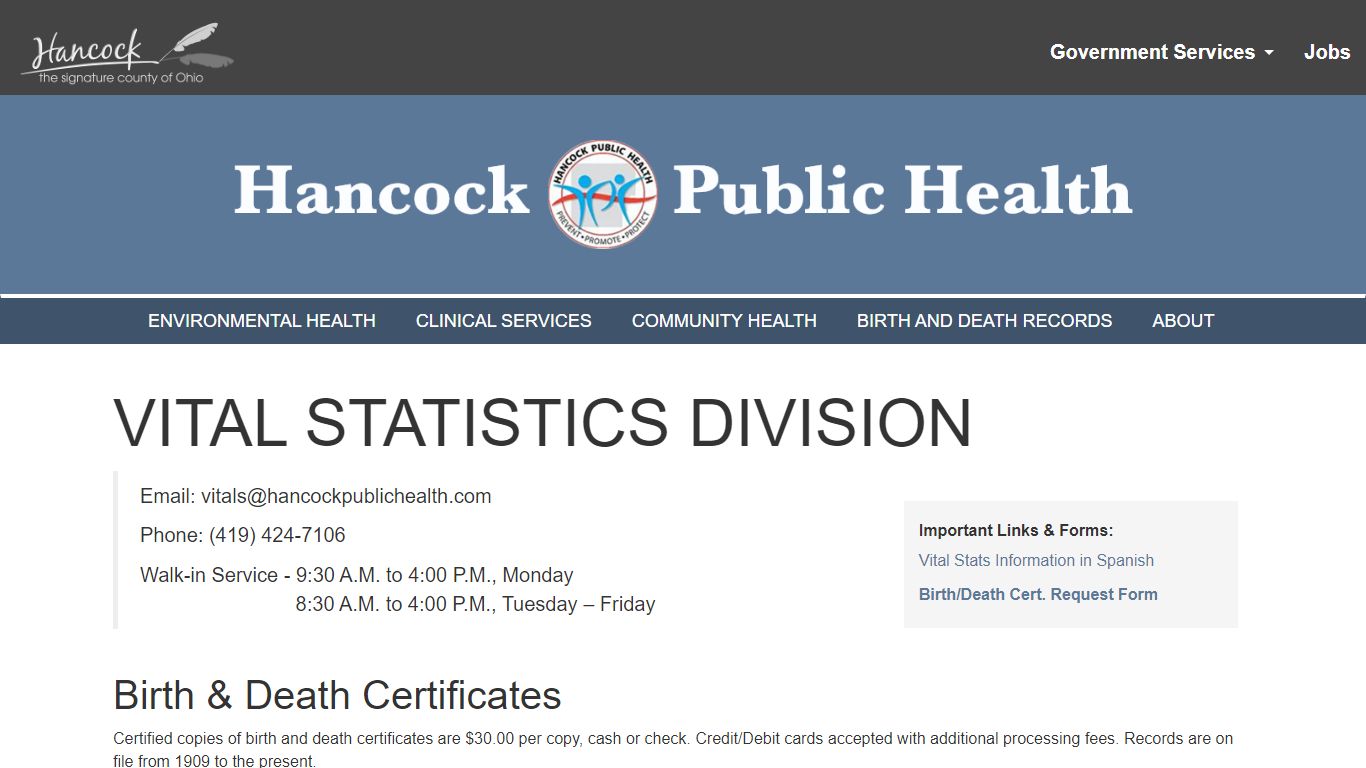 Birth and Death Records - Hancock County, Ohio